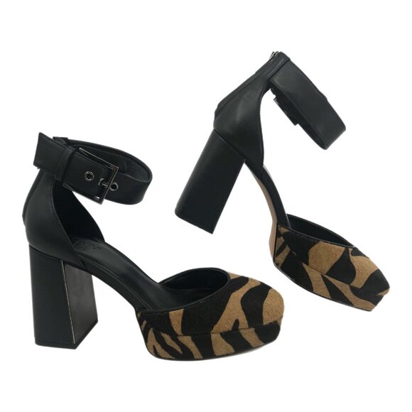 DKNY Black & Brown Zebra Print Fur Accent Platform Heels | New Without Tags - Picture 1 of 10